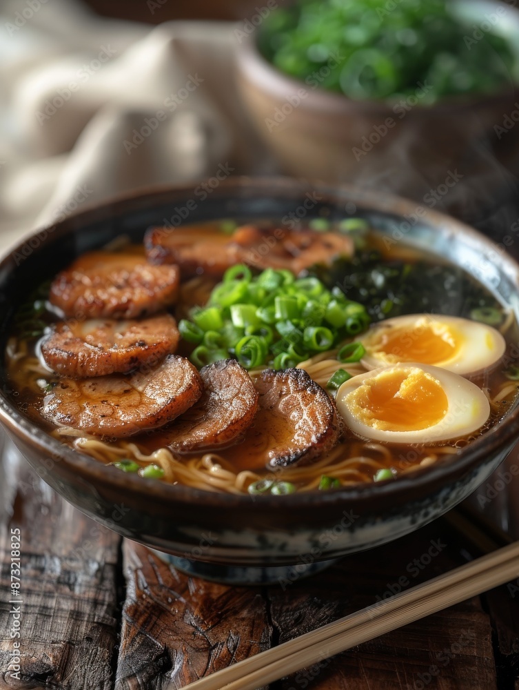 A steaming bowl of Japanese ramen with slices of pork, a soft-boiled egg, A steaming bowl of Japanese ramen with slices of pork, a soft-boiled egg,