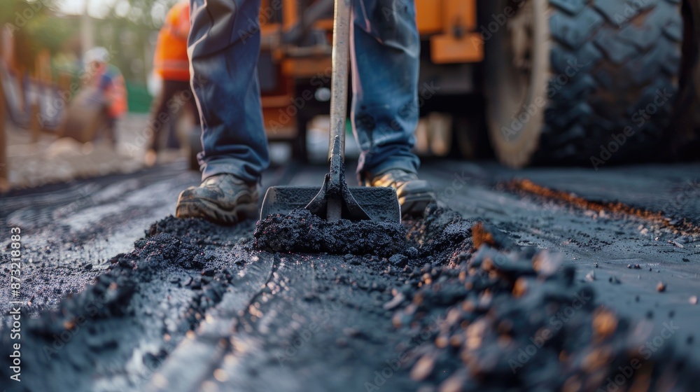 Naklejka premium Worker inspects asphalt paving machine with shovel Focus is selective