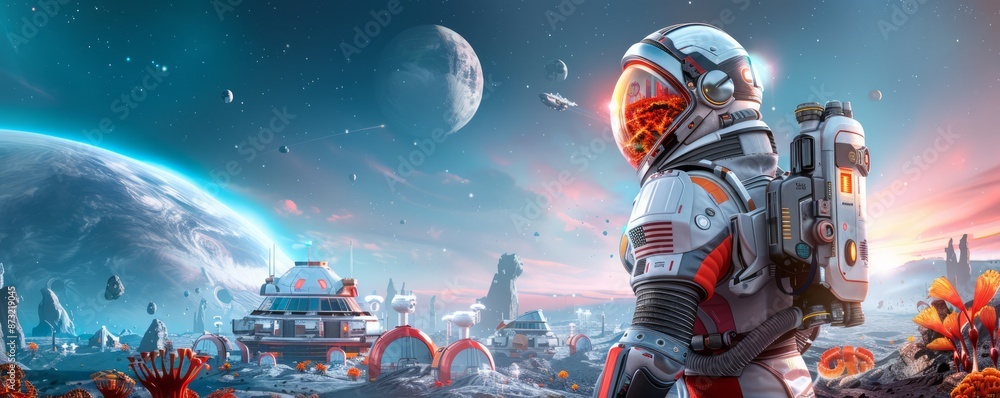 a futuristic space colony on a distant planet with advanced habitats, alien flora, and explorers in high-tech suits, offering a glimpse into interstellar life, with ample copy space for text a futuristic space colony on a distant planet with advanced habitats, alien flora, and explorers in high-tech suits, offering a glimpse into interstellar life, with ample copy space for text