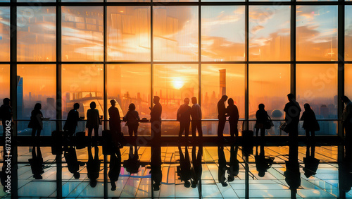 Cityscape silhouette of people against a stunning sunset backdrop with reflections on glass windows, showcasing a panoramic urban skyline.