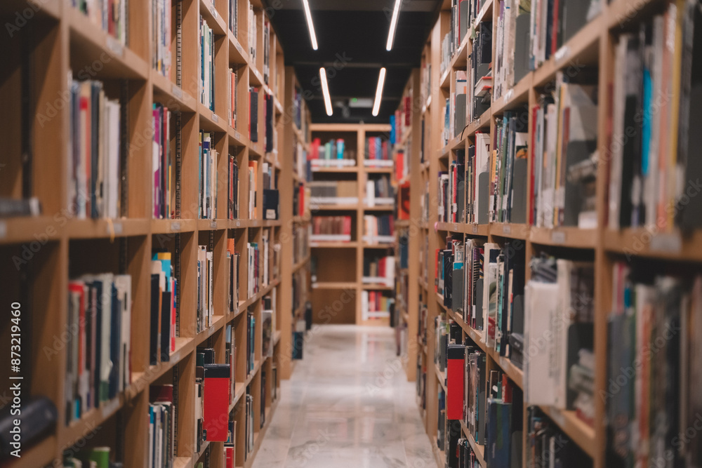 In the quiet interior of the university library, rows of blurry bookcases stretch across the empty room, filled with literature and textbooks offering knowledge. In the quiet interior of the university library, rows of blurry bookcases stretch across the empty room, filled with literature and textbooks offering knowledge.