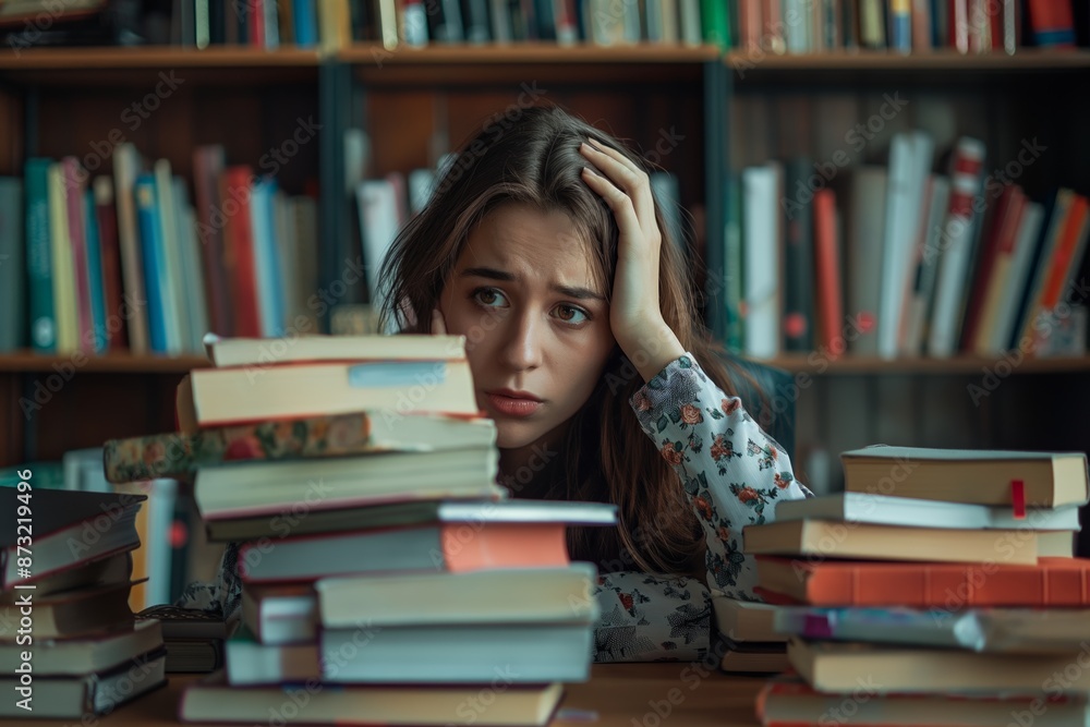 Overwhelmed student surrounded by books in a library, stressing over study materials. Overwhelmed student surrounded by books in a library, stressing over study materials.
