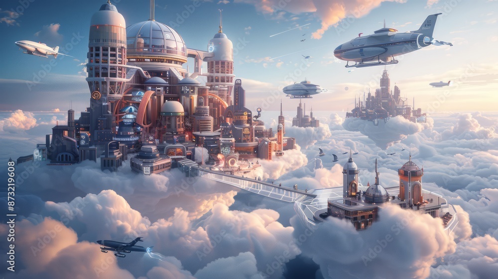 a futuristic city floating in the clouds with gravity-defying architecture, airships docking, and people walking on transparent walkways, capturing a utopian vision of the future, providing clear a futuristic city floating in the clouds with gravity-defying architecture, airships docking, and people walking on transparent walkways, capturing a utopian vision of the future, providing clear