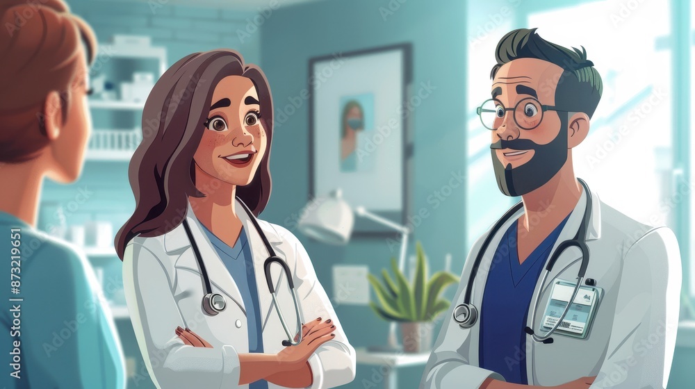 Doctor and nurse talking to a patient in room number 14, warm and compassionate scene, illustration background Doctor and nurse talking to a patient in room number 14, warm and compassionate scene, illustration background