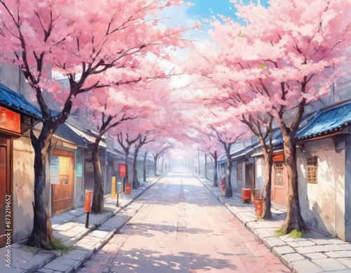 Cherry Blossom Streets landscape anime style