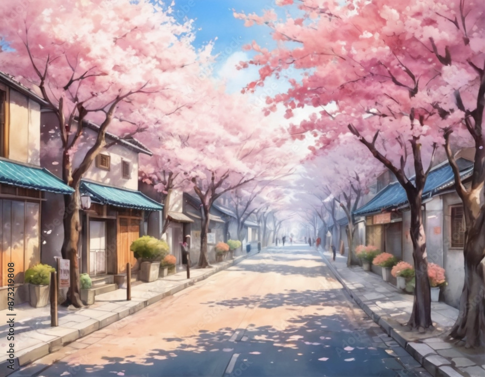 Cherry Blossom Streets landscape anime style Cherry Blossom Streets landscape anime style
