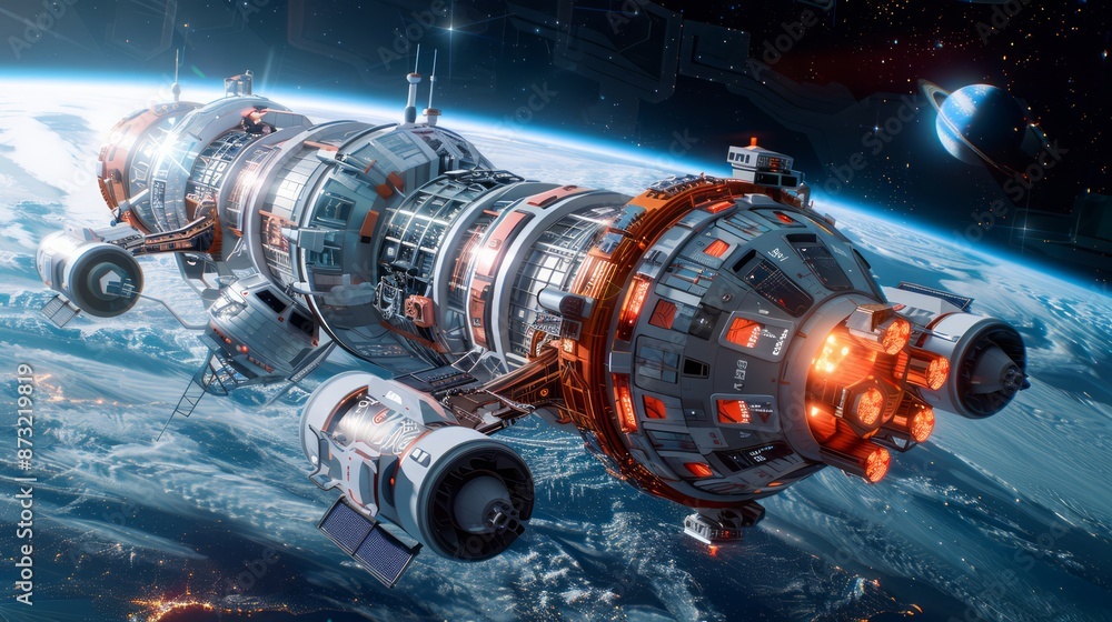 Conceptual design of a futuristic space station with modular habitats and advanced propulsion systems, illustrating next-generation space exploration, offering copy space for text Conceptual design of a futuristic space station with modular habitats and advanced propulsion systems, illustrating next-generation space exploration, offering copy space for text