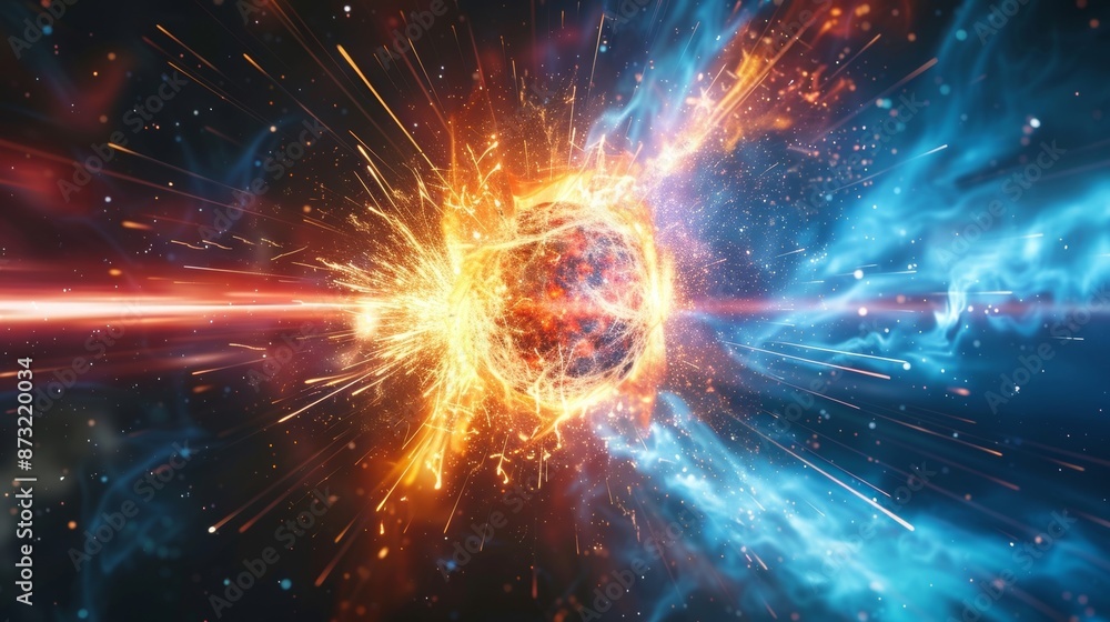 A brilliant surge of energy emits from the collision point signifying the immense power of the Higgs boson. A brilliant surge of energy emits from the collision point signifying the immense power of the Higgs boson.