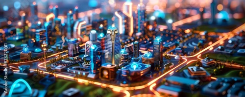 Futuristic smart city concept with integrated IoT devices and smart grids, showcasing urban sustainability and digital connectivity, providing clear copy space for text