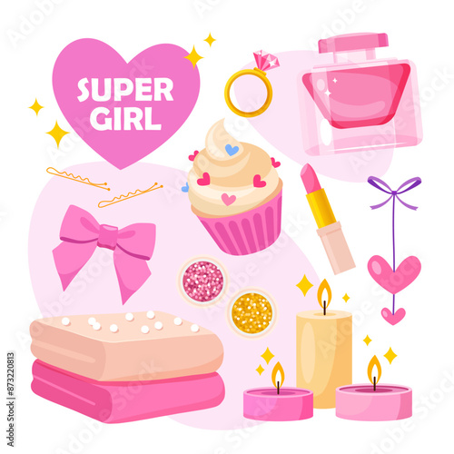 Stylish pink icons set with different girl accessories includes yummy cupcake, fashionable clothes, lipstick, cozy flaming candles, golden accessories.
