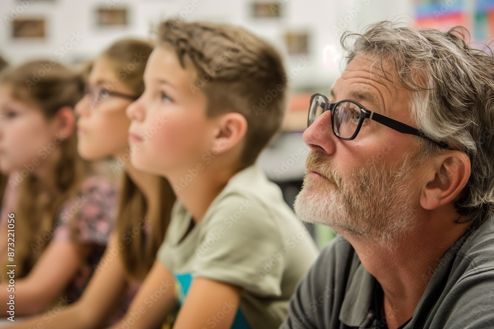 Teacher and students attentively engaged in a classroom lesson; all focus directed forward. Teacher and students attentively engaged in a classroom lesson; all focus directed forward.