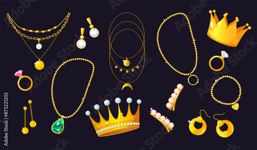 Jewelry accessories set with rings, earring, golden chains with pendant, bracelet, crowns and hair accessories.
