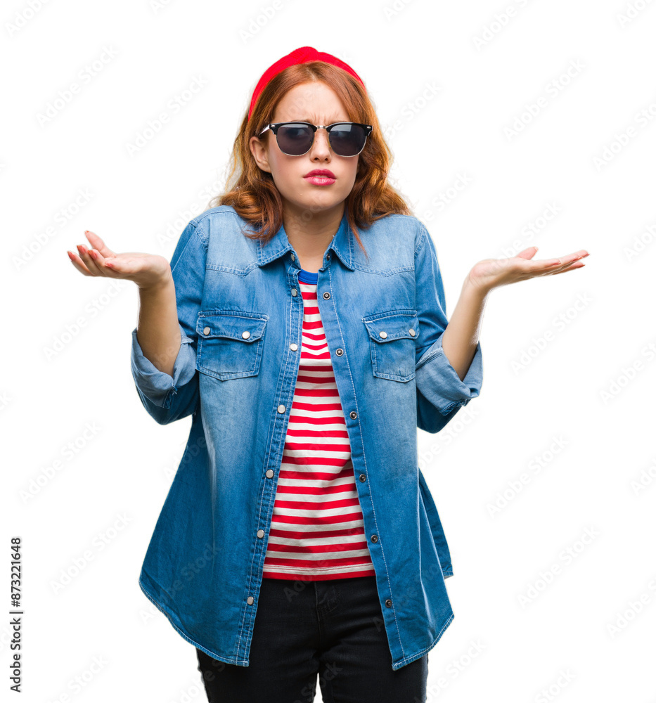 Young beautiful woman over isolated background wearing sunglasses clueless and confused expression with arms and hands raised. Doubt concept. Young beautiful woman over isolated background wearing sunglasses clueless and confused expression with arms and hands raised. Doubt concept.