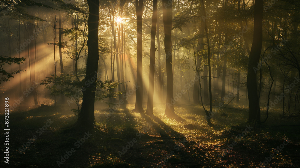 Obraz premium The sun is shining through the trees, casting a warm glow on the forest floor. The light is creating a peaceful and serene atmosphere, making it a perfect place to escape the hustle