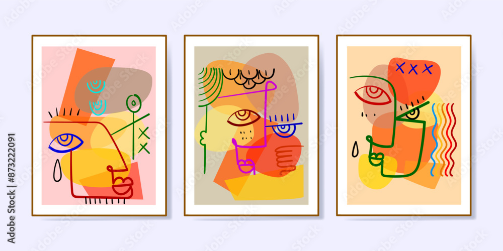Set of abstract face portraits, shapes, doodle , decorative hand drawn vector illustration wall art. Cubism male and female portrait aesthetic design for poster, cover, decoration, Set of abstract face portraits, shapes, doodle , decorative hand drawn vector illustration wall art. Cubism male and female portrait aesthetic design for poster, cover, decoration,