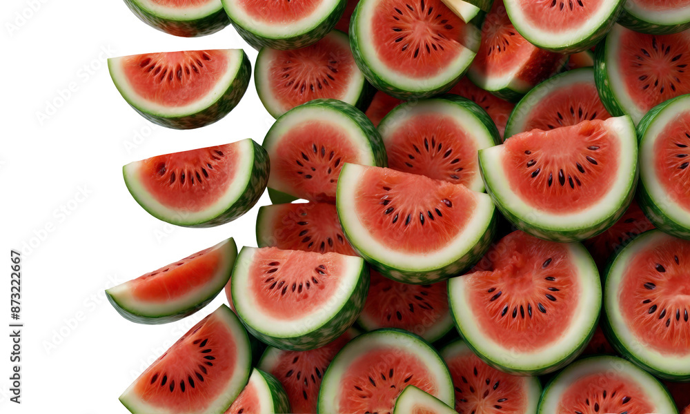 A collection of juicy watermelon slices displayed on a clear background, showcasing their vibrant colors and freshness, perfect for culinary projects and recipe showcases A collection of juicy watermelon slices displayed on a clear background, showcasing their vibrant colors and freshness, perfect for culinary projects and recipe showcases