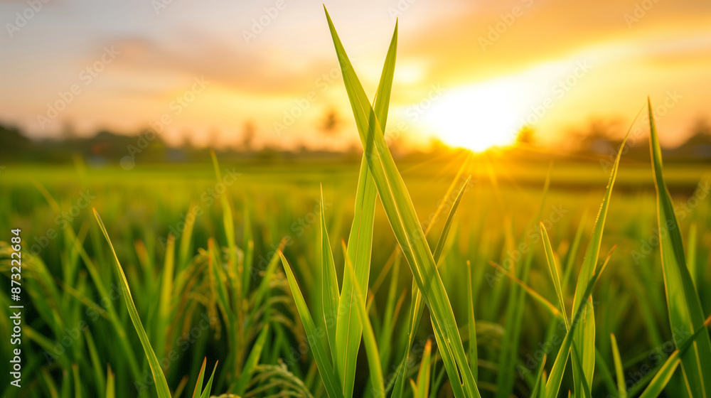 Fototapeta premium A field of green grass with a sun in the sky