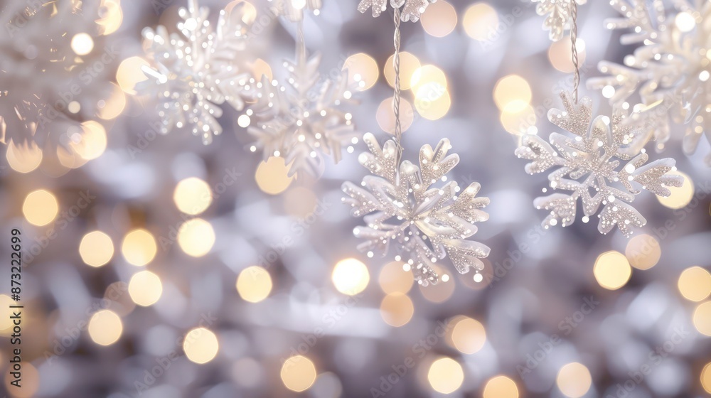 An elegant background of bokeh lights in shimmering silver and soft white, arranged to give the illusion of gently falling snowflakes on a tranquil winter night. An elegant background of bokeh lights in shimmering silver and soft white, arranged to give the illusion of gently falling snowflakes on a tranquil winter night.