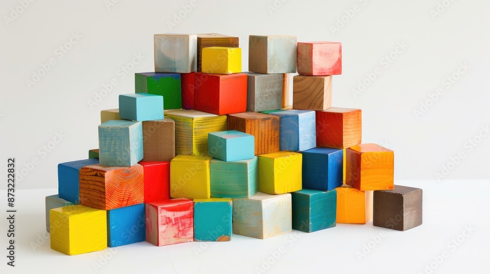 Colored cube arrangement on white backdrop Colored cube arrangement on white backdrop