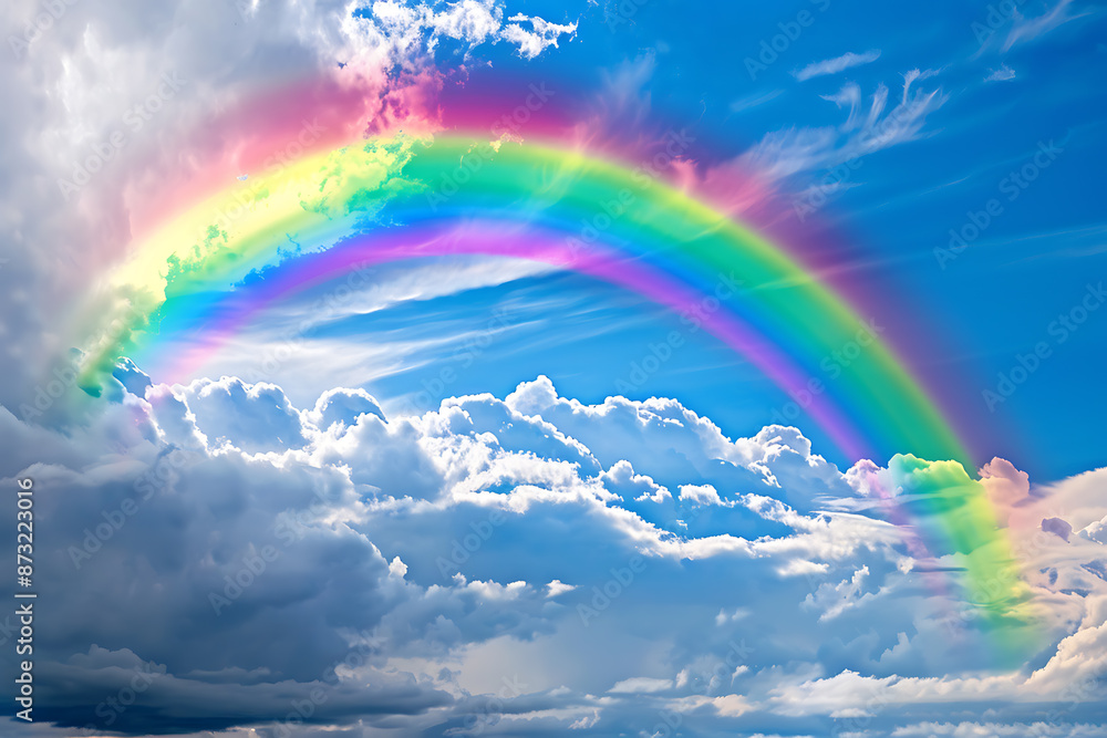 Vivid rainbow arching across the sky, showcasing a full spectrum of colors against a backdrop of clouds, symbolizing beauty and wonder in nature Vivid rainbow arching across the sky, showcasing a full spectrum of colors against a backdrop of clouds, symbolizing beauty and wonder in nature