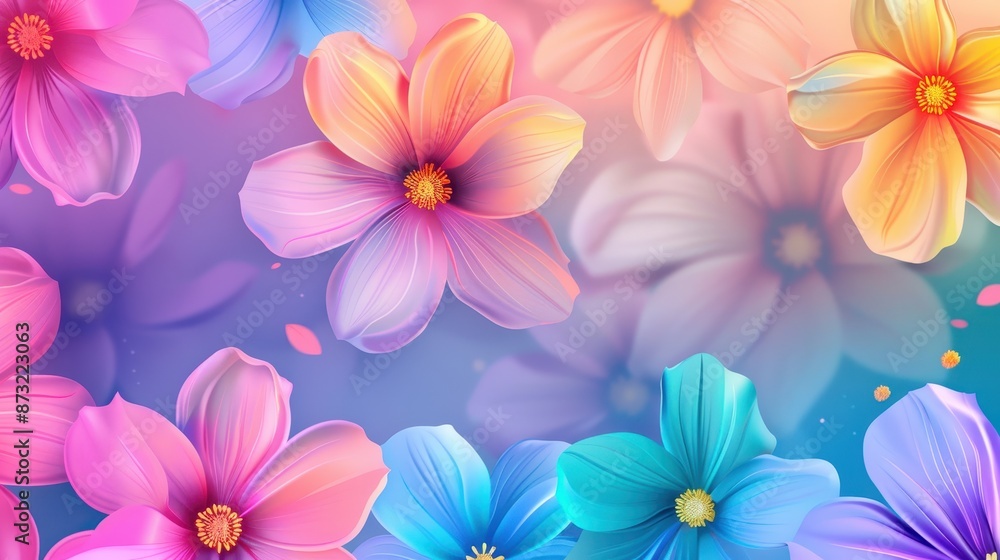Vibrant array of stylized flowers with a soft-focus background. The flowers are depicted in various shades of pink, blue, and orange, with yellow centers Vibrant array of stylized flowers with a soft-focus background. The flowers are depicted in various shades of pink, blue, and orange, with yellow centers