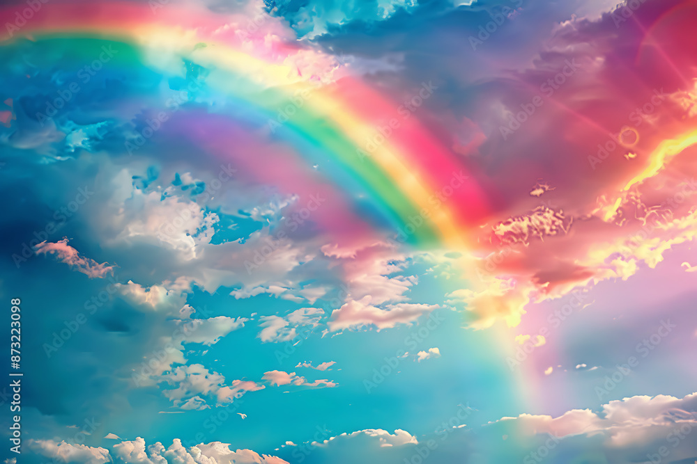 Vivid rainbow arching across the sky, showcasing a full spectrum of colors against a backdrop of clouds, symbolizing beauty and wonder in nature Vivid rainbow arching across the sky, showcasing a full spectrum of colors against a backdrop of clouds, symbolizing beauty and wonder in nature