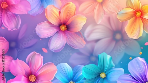 Vibrant array of stylized flowers with a soft-focus background. The flowers are depicted in various shades of pink, blue, and orange, with yellow centers