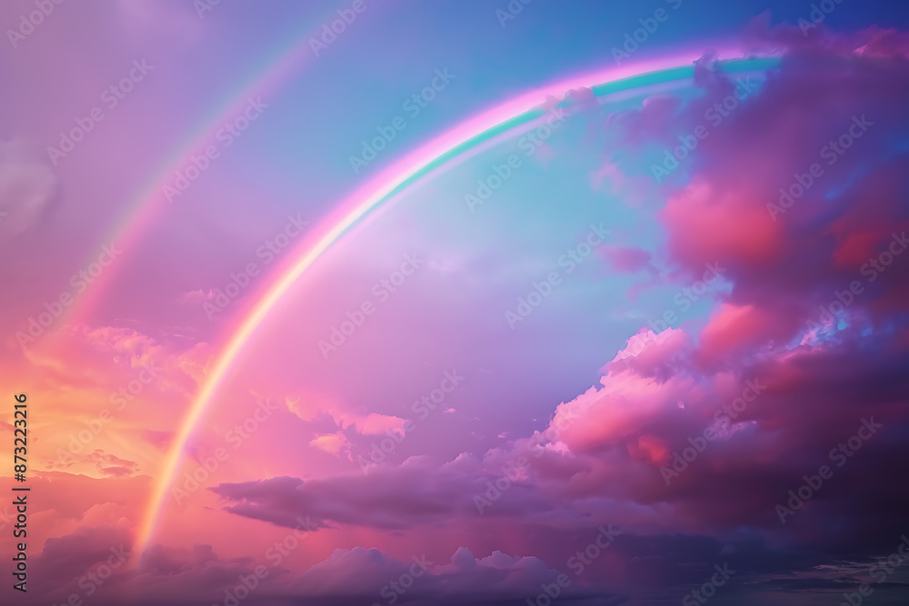 Vivid rainbow arching across the sky, showcasing a full spectrum of colors against a backdrop of clouds, symbolizing beauty and wonder in nature Vivid rainbow arching across the sky, showcasing a full spectrum of colors against a backdrop of clouds, symbolizing beauty and wonder in nature