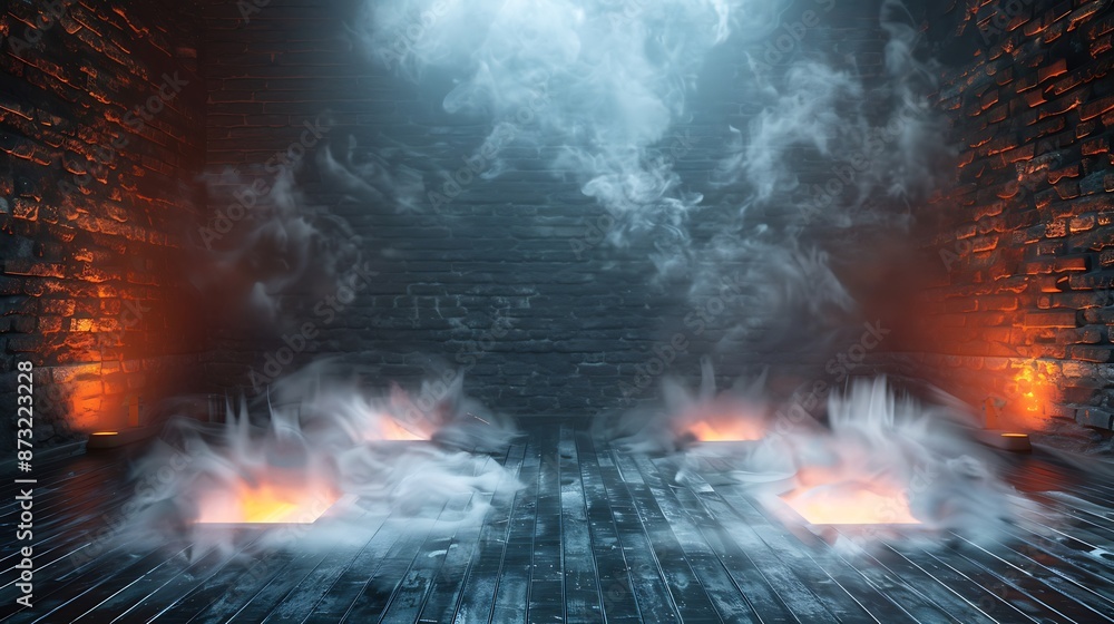 Empty dark basement room, gray brick walls, white sparks of fire and light on the wooden floor, thin smoke, neon orange lamps creating a vibrant contrast, minimalist design, Empty dark basement room, gray brick walls, white sparks of fire and light on the wooden floor, thin smoke, neon orange lamps creating a vibrant contrast, minimalist design,