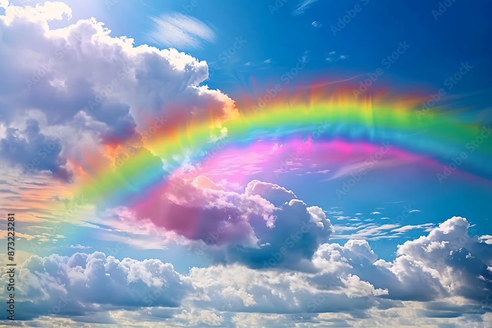 Vivid rainbow arching across the sky, showcasing a full spectrum of colors against a backdrop of clouds, symbolizing beauty and wonder in nature Vivid rainbow arching across the sky, showcasing a full spectrum of colors against a backdrop of clouds, symbolizing beauty and wonder in nature