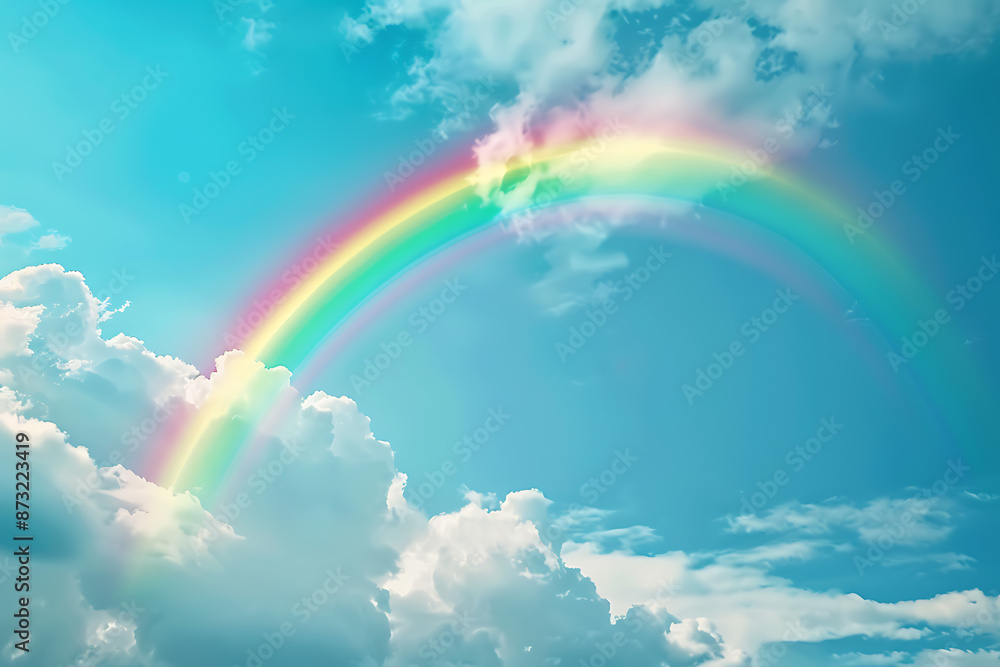 Vivid rainbow arching across the sky, showcasing a full spectrum of colors against a backdrop of clouds, symbolizing beauty and wonder in nature Vivid rainbow arching across the sky, showcasing a full spectrum of colors against a backdrop of clouds, symbolizing beauty and wonder in nature