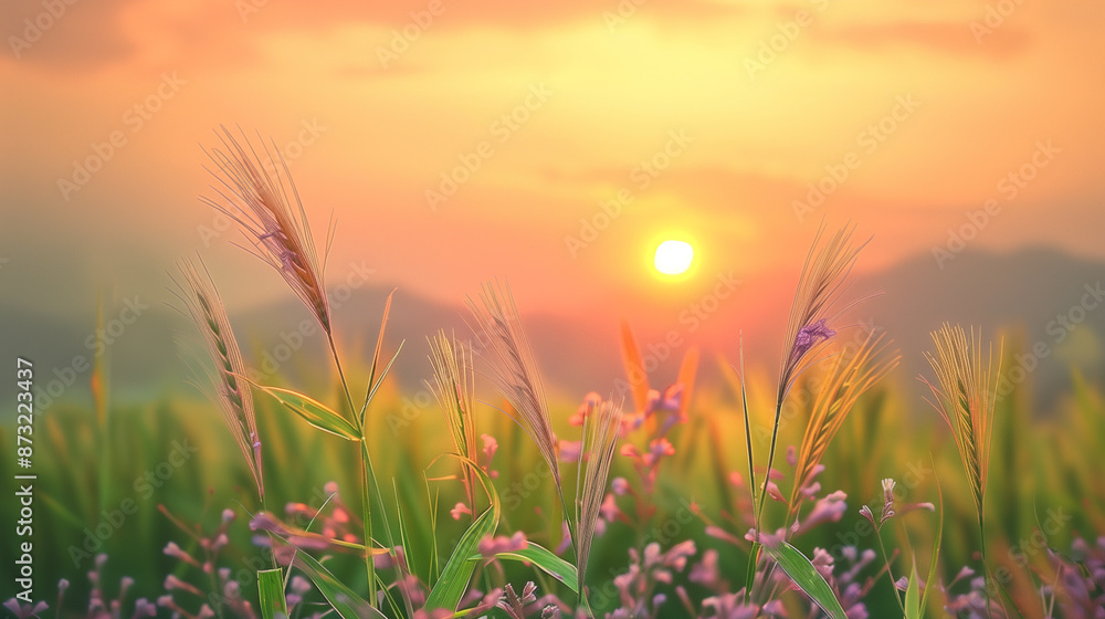 Obraz premium A field of green grass with a sun in the sky