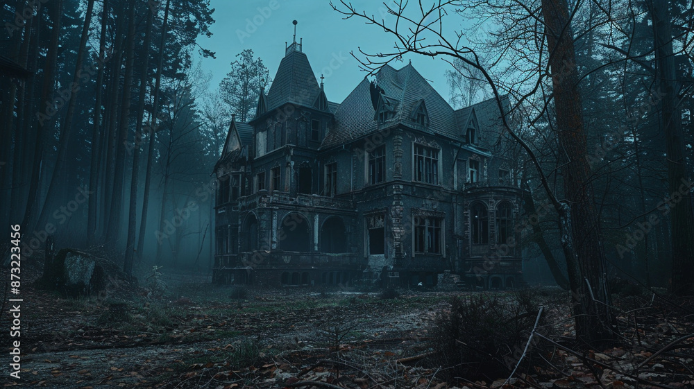 A dark abandoned mansion in the woods at night A dark abandoned mansion in the woods at night
