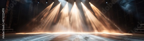 Dramatic stage with emerging spotlight beams creating an atmospheric scene perfect for theater, performance, or dramatic presentations. photo