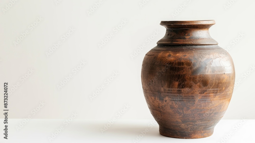 Antique brown ceramic vase on white background with space for text Antique brown ceramic vase on white background with space for text