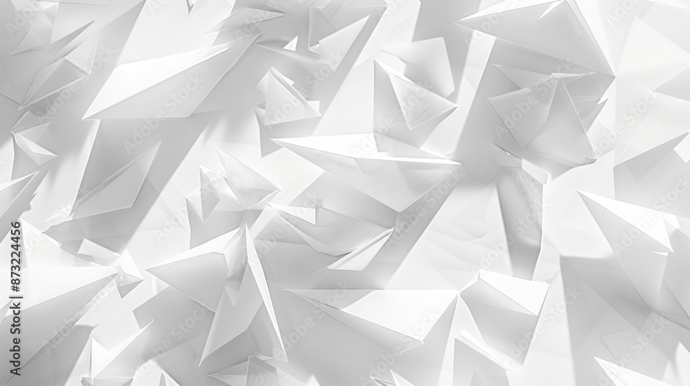 White paper triangles floating in light with shadows in a curved energy flow minimalist modern abstract background White paper triangles floating in light with shadows in a curved energy flow minimalist modern abstract background