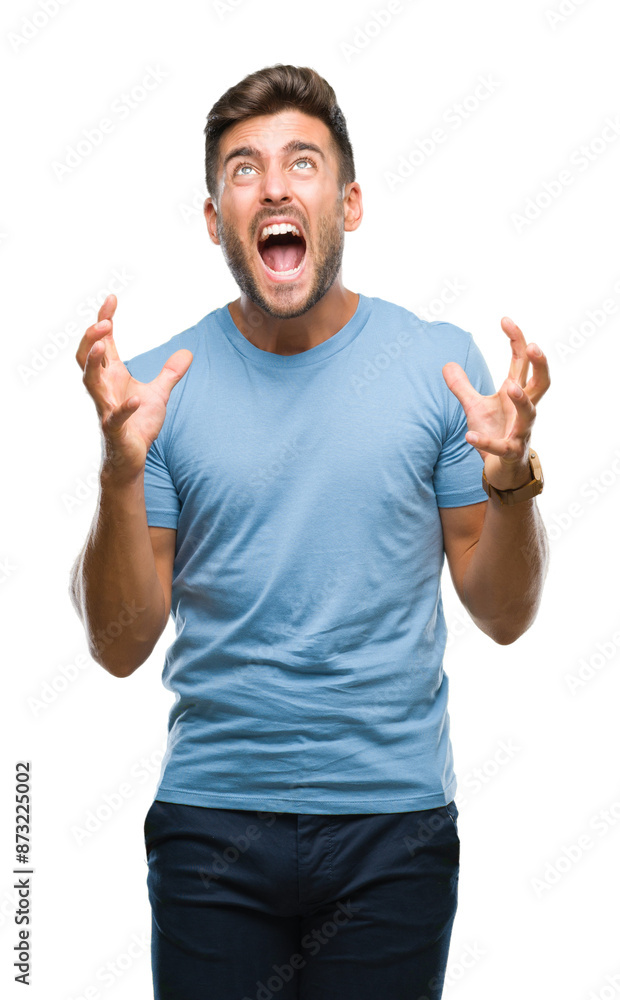 Young handsome man over isolated background crazy and mad shouting and yelling with aggressive expression and arms raised. Frustration concept. Young handsome man over isolated background crazy and mad shouting and yelling with aggressive expression and arms raised. Frustration concept.