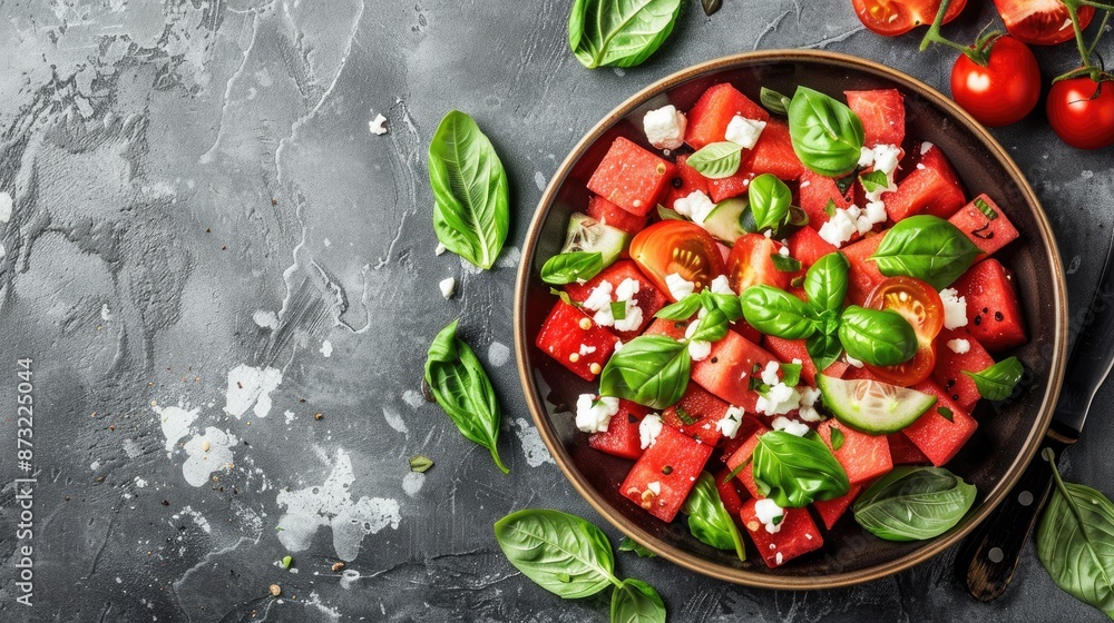 Refreshing Watermelon Salad with Feta Cucumber and Basil on a Gray Background from Above A Seasonal Dish for a Nourishing Diet Refreshing Watermelon Salad with Feta Cucumber and Basil on a Gray Background from Above A Seasonal Dish for a Nourishing Diet