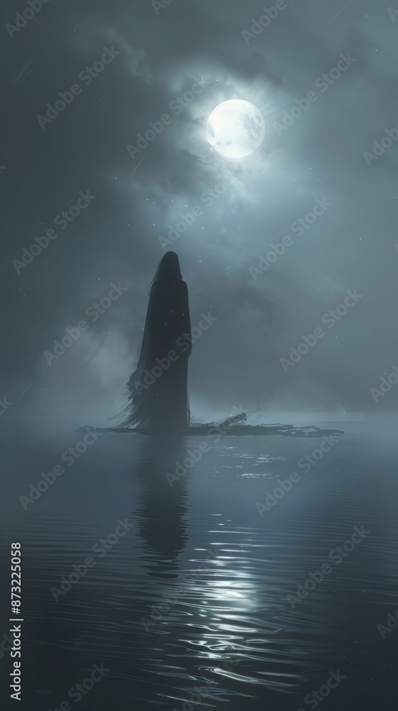 A large, dark object is standing in the water generated by AI A large, dark object is standing in the water generated by AI