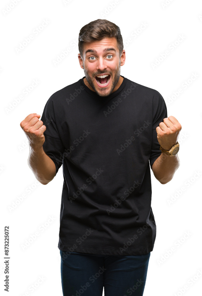 Naklejka premium Young handsome man over isolated background celebrating surprised and amazed for success with arms raised and open eyes. Winner concept.