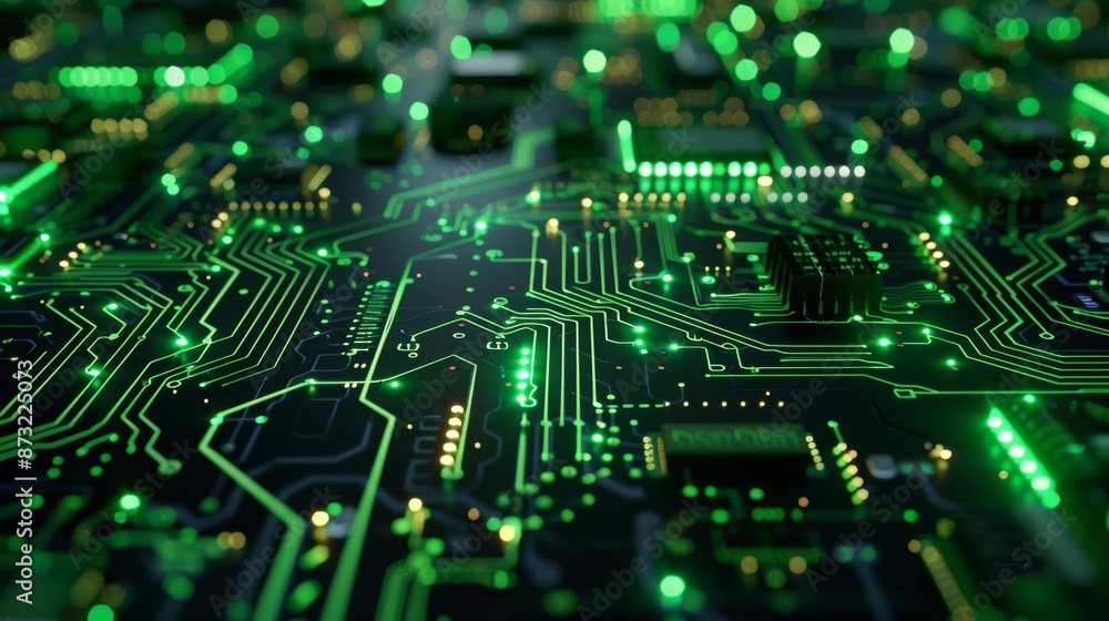 A circuit board with pathways that glow in the dark giving the impression of particles being accelerated in a highspeed experiment. A circuit board with pathways that glow in the dark giving the impression of particles being accelerated in a highspeed experiment.
