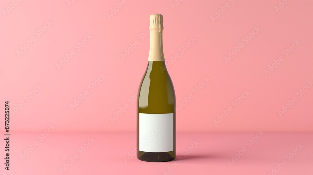 A green glass bottle of champagne stands upright on a pink surface, with a blank white label. A green glass bottle of champagne stands upright on a pink surface, with a blank white label.