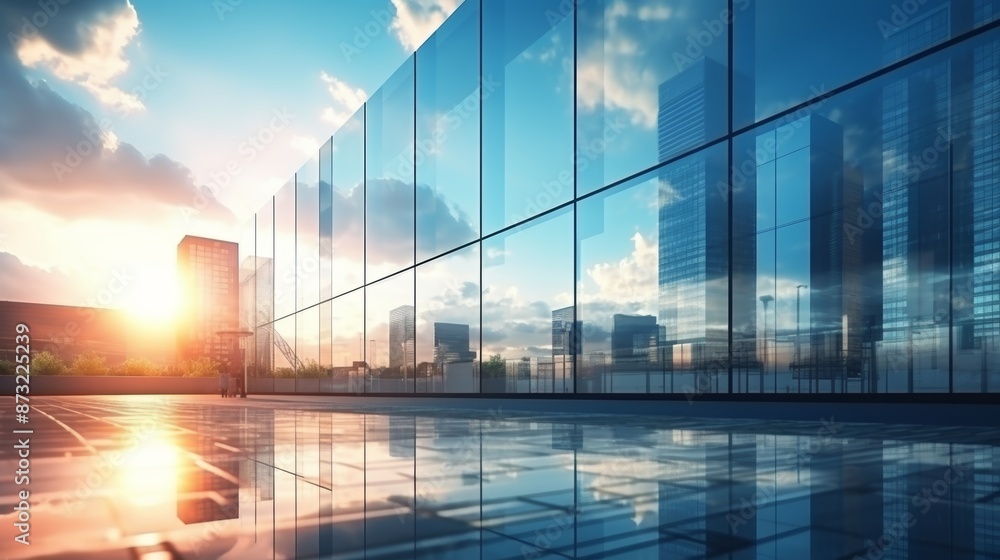 Obraz premium Modern office building or business center. High-rise window buildings made of glass reflect the clouds and the sunlight. empty street outside wall modernity civilization. growing up business