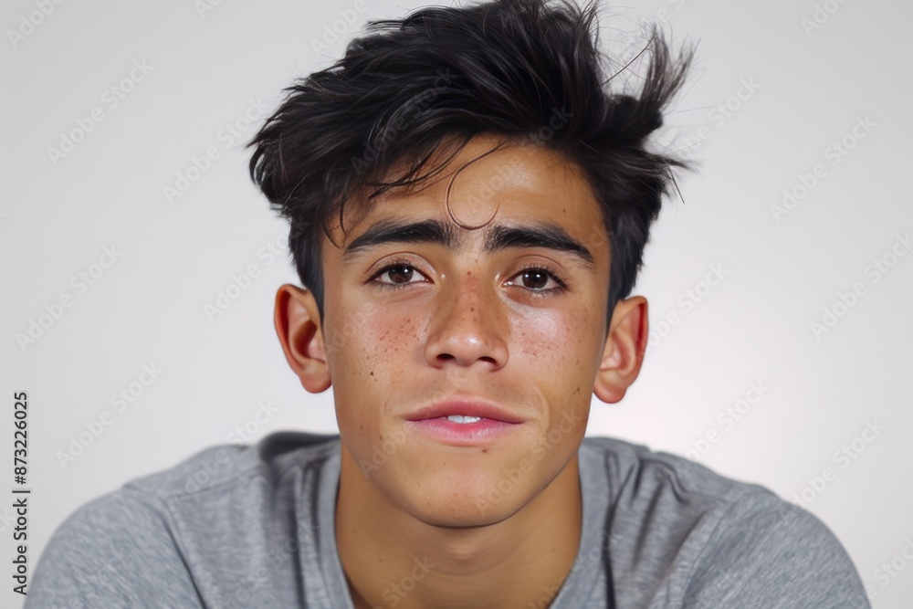 Portrait of a young man with a neutral expression, simple background, focused on facial features and natural lighting Portrait of a young man with a neutral expression, simple background, focused on facial features and natural lighting