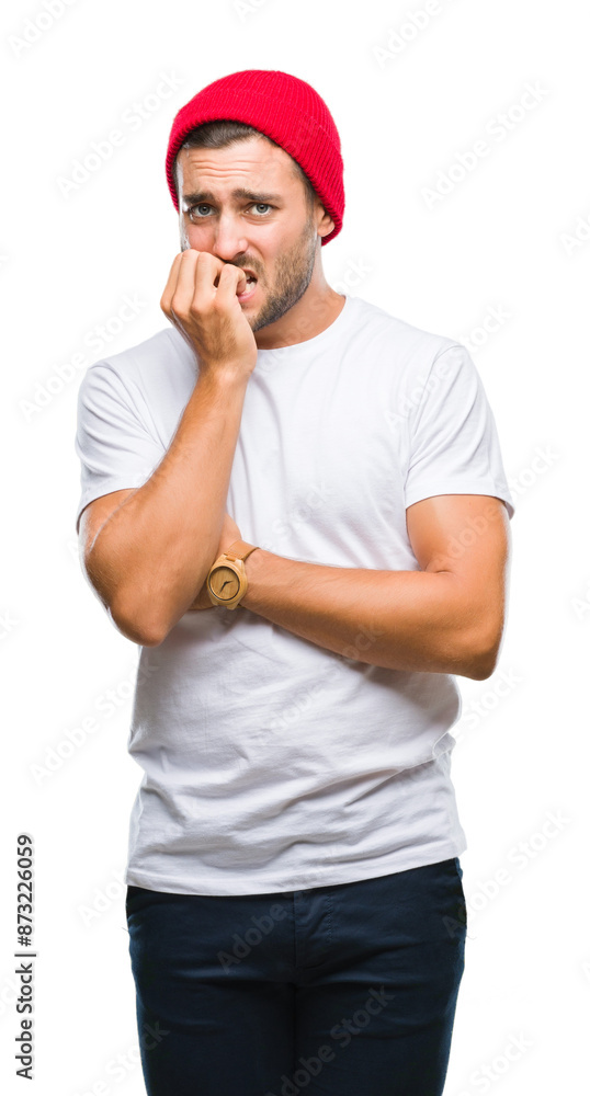 Young handsome man over isolated background looking stressed and nervous with hands on mouth biting nails. Anxiety problem. Young handsome man over isolated background looking stressed and nervous with hands on mouth biting nails. Anxiety problem.