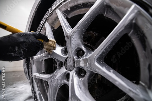Obraz na płótnie Mechanic wearing black gloves cleaning a car wheel with a brush in a detailing studio. Close-up view of hands scrubbing the wheel rim to remove dirt and grime, ensuring a spotless finish w salonie