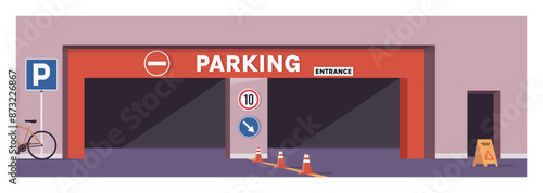 Car parking entrance and striped cones, city infrastructure, vehicle entrance at mall underground garage flat vector illustration.	
