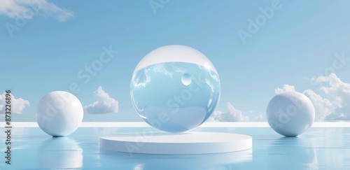 geometric shapes, blue sky and water, glass spheres, podium for product presentation white space