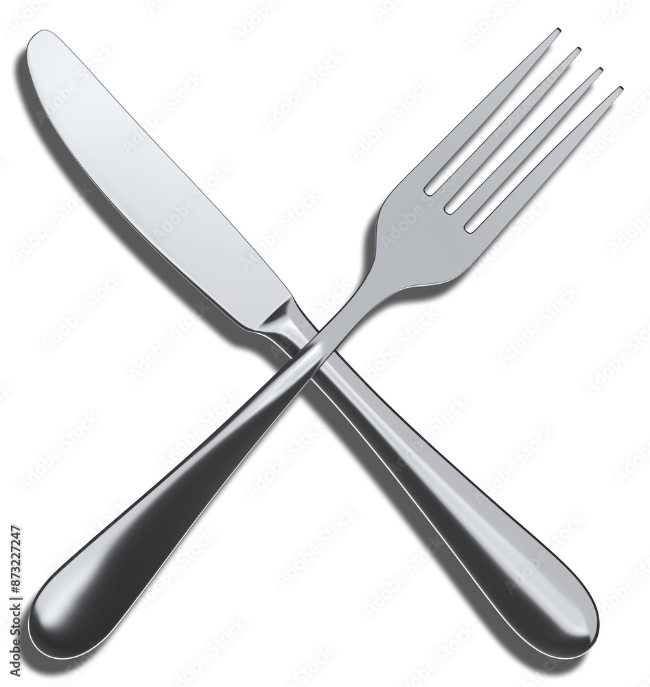 fork and knife, crossed, cutlery, chrome polished with shadow