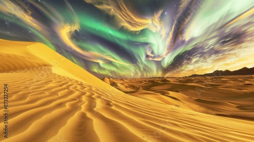 A desert with sand dunes that ripple like water under a sky filled with swirling auroras. photo